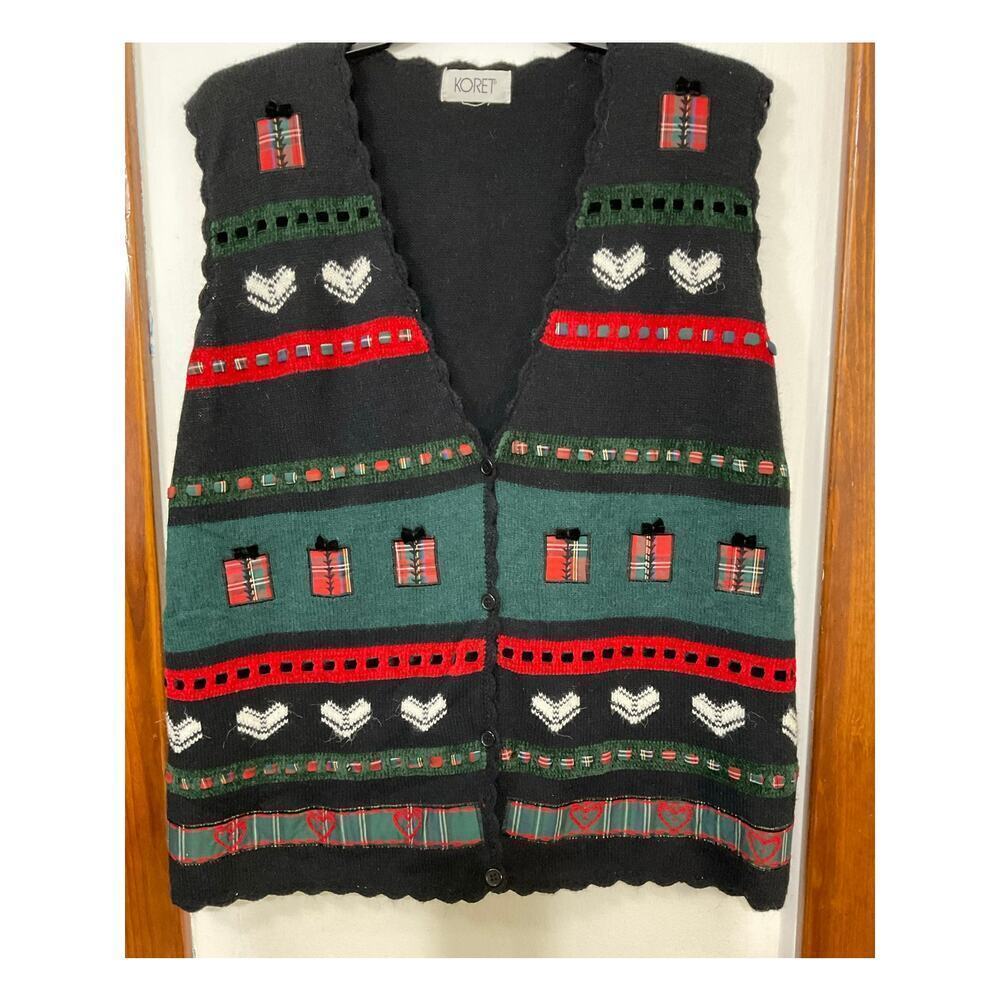 VTG 90s Koret Women’s Christmas Sweater Vest Plaid Hearts Gifts Sz 2X Button - Picture 2 of 6